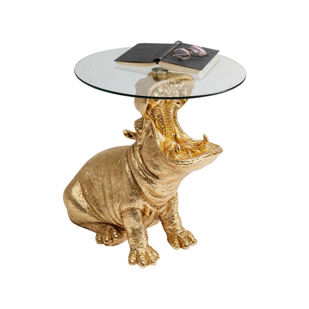 KARE-SIDETABLE-GLASS-GOLD-HIPPO-86710 Side Table Sitting Hippo Ø48cm - Image 1